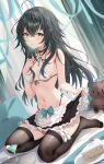  1girl absurdres ahoge apron aqua_bow aqua_ribbon bare_arms bare_shoulders bikini black_choker black_skirt black_thighhighs blurry blurry_background blush bow bow_bikini breasts breasts_apart cake cake_slice choker clenched_hand cocktail cocktail_glass collar commentary criss-cross_halter crossed_bangs cup drinking_glass dutch_angle eyelashes food frilled_apron frilled_skirt frilled_thigh_strap frills front-tie_bikini_top front-tie_top frown fruit full_body gakuen_idolmaster green_eyes green_hair hair_between_eyes halterneck hand_up highleg highleg_bikini highres holding_own_skirt idolmaster indoors long_hair looking_at_viewer maid maid_bikini miniskirt navel no_shoes o-ring o-ring_bikini o-ring_top on_bed open_mouth parted_lips pillow pu_ht ribbon seiza sidelocks sitting skirt skirt_bow small_breasts solo sparkle stomach strawberry stuffed_animal stuffed_toy swimsuit teddy_bear thigh_strap thighhighs thighs toes tray tsukimura_temari unconventional_maid waist_apron white_apron white_bikini zettai_ryouiki 