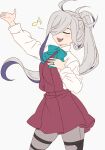  1girl ahoge aqua_bow aqua_bowtie asashimo_(kancolle) bow bowtie brown_dress closed_eyes collared_shirt commentary_request contrapposto cowboy_shot dress dress_shirt eighth_note flat_color grey_hair grey_pantyhose hair_over_one_eye halter_dress halterneck hand_on_own_chest highres kanmiya_shinobu kantai_collection musical_note pantyhose pleated_dress ponytail sharp_teeth shirt simple_background singing smile solo standing teeth thigh_strap white_background white_shirt 
