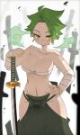  1girl absurdres bandaged_arm bandages bare_shoulders breasts budget_sarashi chest_sarashi cleavage closed_mouth collarbone earrings fingernails green_hair hakama hand_on_own_hip highres holding japanese_clothes jewelry katana large_breasts lieumare looking_at_viewer messy_hair navel original sarashi short_hair smile solo sword tamae_(lieumare) weapon yellow_eyes 