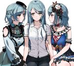  3girls aqua_dress aqua_hair bang_dream! bang_dream!_girls_band_party! blue_dress character_request clone_harem commentary cross-laced_clothes cross-laced_dress denim detached_sleeves dress framed_breasts frilled_dress frilled_sleeves frills girl_sandwich green_eyes hand_on_another's_shoulder hikawa_hina hikawa_sayo holding_another's_arm imminent_kiss incest jeans long_hair long_sleeves looking_at_another looking_to_the_side medium_hair multiple_girls nervous nervous_sweating pants sandwiched shirt short_hair siblings sisters sweat twincest twins white_background white_shirt yuri zihacheol 