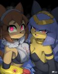 2026 anthro big_breasts biped blue_hair blue_tail breast_squish breasts brown_ears brown_hair brown_tail clothed clothed_anthro clothed_female clothing domestic_cat duo felid feline felis female female_anthro fur gameoverse glitch_productions hair hi_res high-angle_view kit_bodega looking_at_viewer mammal medium_breasts pal_(species) palmorph palworld pocketpair red_eyes rilex_lenov sekhmet_(pal) squish standing tail whiskers yellow_body yellow_fur