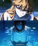  2girls beckoning black_choker blonde_hair blurry blurry_background breasts bright_pupils chinese_commentary chinese_text choker closed_mouth collarbone commentary_request hair_between_eyes hands_up hecatia_lapislazuli i'll_teach_you_everything_(chainsaw_man) junko_(touhou) long_hair looking_at_viewer medium_breasts multiple_girls multiple_views night nude outdoors parody partially_submerged pool red_eyes red_hair scene_reference skinny_dipping smile subtitled theonlyloser1 touhou translation_request water wet wet_hair white_pupils yuri 