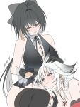  2girls absurdres alternate_breast_size_(larger) animal_ears bare_shoulders black_dress black_gloves black_hair blush breasts chest_tattoo closed_mouth commentary dress english_commentary female_rover_(wuthering_waves) food forehead_tattoo fox_ears fox_girl gloves hair_intakes hair_ribbon headpat heart highres holding holding_food hsin_(wuthering_waves) looking_at_another looking_at_food multiple_girls orange_eyes revision ribbon rover_(wuthering_waves) rudang signature simple_background sleeveless sleeveless_dress smile tattoo white_background wuthering_waves yellow_eyes yellow_ribbon 