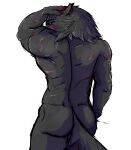 absurd_res anthro armpit_hair back_muscles bathing biceps big_butt blaidd_(elden_ring) blood blood_splatter bodily_fluids body_hair butt canid canine canis elden_ring fromsoftware fur grey_body grey_fur hair hand_on_head hi_res larger_male male mammal muscular muscular_anthro muscular_arms muscular_male nude scar showering simple_background size_difference solo standing tail vannillama water wet wet_body white_background wolf wounded
