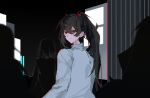  1girl bear_hair_ornament black_hair carmen_(project_moon) closed_mouth coat from_behind hair_ornament high_ponytail highres lab_coat lobotomy_corporation long_hair long_sleeves looking_at_viewer looking_back people ponytail project_moon red_eyes shirt smile solo susuumi upper_body very_long_hair white_coat white_shirt 