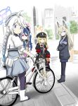  4girls ahoge animal_ears armband bicycle black_coat black_dress black_hat blonde_hair blue_archive blue_boots blue_eyes blue_hair blue_halo blue_hat blue_necktie blue_shirt blue_skirt boots braid chiitara_(ghay3h) child coat collared_shirt commentary cropped_jacket crossed_arms disgust dog_ears dog_girl dress empty_eyes fubuki_(blue_archive) gradient_hair grey_dress grey_jacket halo hat highres ibuki_(blue_archive) impending_doom jacket kanna_(blue_archive) kirino_(blue_archive) long_hair low_twin_braids multicolored_hair multiple_girls neck_ribbon necktie notched_ear on_bicycle orange_halo pantyhose peaked_cap photo-referenced pinafore_dress pink_eyes pink_halo pointing pointing_at_viewer pointy_ears police police_uniform policewoman purple_armband purple_pantyhose red_armband red_ribbon ribbon road shirt side_ponytail skirt sleeveless sleeveless_dress sleeves_past_fingers sleeves_past_wrists street stuffed_animal stuffed_toy teddy_bear twin_braids twintails two-tone_hair white_hair white_jacket yellow_eyes 