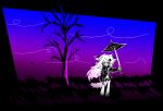  1girl animal_ears arknights black_jacket black_shorts blue_background commentary english_commentary floating_hair gradient_background hair_ornament hairclip holding holding_umbrella jacket lappland_(arknights) leaf long_hair long_sleeves looking_ahead material_growth navel open_mouth oripathy_lesion_(arknights) pixel_art purple_background scar scar_across_eye scar_on_face scenery short_shorts shorts solo standing tail tofusquisha tree umbrella very_long_hair white_hair wind wolf_ears wolf_girl wolf_tail 