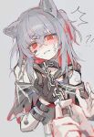  !? 1girl 1other absurdres animal_ears bandaid bandaid_on_arm bandaid_on_face black_collar black_dress black_gloves blush chain clenched_teeth collar colored_inner_hair commentary_request dress gloves grey_hair hair_ornament highres kemonomimi_mode mahou_shoujo_no_majo_saiban mirage_(rairudiseu) multicolored_hair pov pov_hands red_eyes red_hair saliva shito_alisa short_hair single_glove sweatdrop teeth wolf_ears wolf_girl x_hair_ornament 