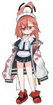  1girl absurdres ahoge black_halo blue_archive blush braid cleaning_&amp;_clearing_(blue_archive) commentary_request earrings flat_chest floral_print_jacket halo highres huge_ahoge jacket jewelry maid_headdress mole mole_under_each_eye mole_under_eye multiple_moles necktie neetangel365 neru_(blue_archive) orange_hair oversized_clothes partially_unbuttoned print_jacket red_eyes red_shoes shoes short_hair single_braid sneakers sukajan tag undone_necktie white_background 