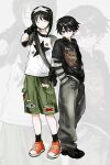 2boys :< arm_warmers bag baggy_pants beanie bishounen black_arm_warmers black_eyes black_hair black_hat black_hoodie black_pants black_shoes black_socks cargo_shorts closed_eyes closed_mouth denim dot_nose earflap_beanie full_body glasses green_shorts hair_between_eyes hand_in_pocket hands_in_pockets hat headphones headphones_around_neck highres hood hood_down hoodie jeans layered_sleeves male_focus mole mole_under_mouth multiple_boys o_xsfq original pants print_hoodie raglan_sleeves red_shoes shoes short_hair short_sleeves shorts shoulder_bag smile sneakers socks star_(symbol) star_print striped_sleeves 