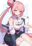  1girl absurdres bare_shoulders breasts commentary_request detached_sleeves eleanor_(stella_sora) garter_straps hair_bun highres long_hair notice_lines pink_hair purple_eyes side_ponytail single_hair_bun single_thighhigh solo stella_sora thighhighs urur_urare weapon_case white_garter_straps white_thighhighs 