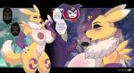 2025 absurd_res anthro areola arm_tuft armwear balls bandai_namco big_areola big_breasts biped black_body black_lips black_nose black_sclera blue_eyes blue_markings breasts bridal_gauntlets claws clothing countershade_face countershade_fur countershade_torso countershading day dialogue digimon digimon_(species) dipstick_ears dipstick_tail duo ear_markings english_text erection eye_markings eyebrows female foreskin fur genitals gesture gloves_(marking) hand_gesture hand_on_hip hand_on_own_hip hi_res humanoid_genitalia humanoid_penis impmon leg_markings lips looking_at_genitalia looking_at_penis male male/female markings middle_finger mostly_nude multicolored_body multicolored_ears multicolored_fur navel neck_tuft nipples open_mouth outside penis renamon second_city_saint shoulder_tuft speech_bubble standing tail tail_markings teeth text thigh_markings tomoe_(symbol) tongue tuft two_tone_body two_tone_fur white_body white_countershading white_fur white_markings yellow_body yellow_fur yin_yang