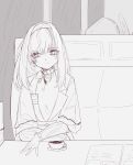  1other 2girls absurdres amiya_(arknights) animal_ears arknights book cafe capelet closed_mouth commentary_request cup doctor_(arknights) ehtoring_wut highres indoors lab_coat lapels looking_to_the_side multiple_girls notched_lapels open_book plate priestess_(arknights) rabbit_ears rain sweater table teacup turtleneck turtleneck_sweater 