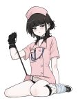  1girl absurdres astrae_oratio black_collar black_hair black_leash blush bone_hair_ornament brown_eyes collar commentary_request haibara_nono hair_ornament hand_warmer hat highres holding holding_leash holding_own_leash leash looking_at_viewer musimusikousin nurse nurse_cap nurse_dress simple_background sitting solo white_background 