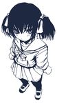  bosshi greyscale long_sleeves monochrome original pleated_skirt school_uniform skirt solo thighhighs twintails yu_(bosshi) 