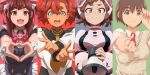  4girls akiba_maid_sensou aonori_misuji asticassia_school_uniform ayase_fuuka blue_background blush boku_no_hero_academia bow brown_eyes brown_hair closed_mouth commentary frills green_background green_eyes gundam gundam_suisei_no_majo hair_between_eyes heart heart_hands highres holding holding_megaphone holding_speaker long_hair long_sleeves maid megaphone multiple_girls open_mouth pig_nose pink_background pink_bow red_background red_hair school_uniform shirt short_hair short_sleeves smile suletta_mercury sweat teeth tongue two_side_up upper_body upper_teeth_only uraraka_ochaco vest wahira_nagomi white_shirt yellow_eyes yellow_vest yotsubato! 