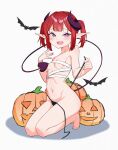  1girl barefoot bikini bikini_bottom_aside black_bikini breasts chest_sarashi clothing_aside demon_girl demon_horns demon_tail full_body halloween highres horns md5_mismatch mesugaki navel open_clothes original pointy_ears pumpkin purple_eyes red_hair resolution_mismatch sarashi simple_background small_breasts solo source_smaller string_bikini swimsuit tail white_background yinyu_(yinyu1999) 