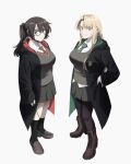  2girls black_hair black_pantyhose black_robe blonde_hair boots breasts brown_boots brown_hair diagonal-striped_clothes diagonal-striped_necktie earrings genderswap genderswap_(mtf) glasses green_eyes green_necktie green_robe grey_skirt grey_sweater_vest gryffindor harashu_(harashu96) harry_potter harry_potter_(series) highres hogwarts hogwarts_school_uniform hoop_earrings jewelry lace-up_boots large_breasts long_hair looking_at_viewer malfoid multiple_girls necktie pantyhose pleated_skirt ponytail red_necktie robe scar scar_on_face scar_on_forehead school_uniform shirt short_hair simple_background skirt slytherin striped_clothes striped_necktie sweater_vest two-sided_fabric two-sided_robe two-tone_robe white_shirt wizarding_world 