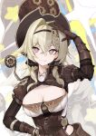  1girl absurdres breasts brown_corset brown_gloves brown_hair brown_shrug cleavage commentary_request corset dodo_(yatotoyatoto) gloves grey_eyes hair_intakes hat highres honkai_(series) honkai_impact_3rd large_breasts looking_at_viewer medium_hair multicolored_hair pink_pupils shrug_(clothing) solo top_hat two-tone_hair vill-v 