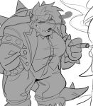 2_horns anthro awwlba biped bottomwear bowser bracelet breasts cigar claws clothed clothing collar crossgender digital_drawing_(artwork) digital_media_(artwork) eyebrows fangs female fully_clothed greyscale hair hand_in_pocket hi_res holding_cigar holding_object horn horn_jewelry horn_ring jewelry koopa lidded_eyes lipstick makeup mario_bros monochrome nintendo pants pockets ring_(jewelry) scalie shell simple_background sketch smile smoke smoke_from_nose solo spiked_bracelet spiked_collar spiked_shell spiked_tail spikes spikes_(anatomy) standing suit tail tapering_tail teeth turtle_shell unbuttoned_topwear white_background