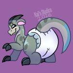 1:1 2026 absurd_res big_diaper blue_eyes clean_diaper clothed clothing diaper drag'n_wash dragon feral gator_dragon_games hi_res horn kais_studios looking_at_viewer looking_back looking_back_at_viewer male mythological_creature mythological_scalie mythology purple_background ryan_(drag'n_wash) scalie simple_background smile solo toony wearing_diaper