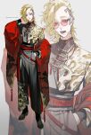  1boy absurdres alternate_costume amandasu bags_under_eyes belt black_eyes black_nails black_pants blonde_hair chinese_clothes cloud_print ear_piercing empty_eyes full_body gold_trim head_tattoo highres japanese_clothes kimono long_sleeves looking_at_viewer madarame_shion male_focus medium_hair multiple_views open_clothes open_kimono pants piercing pink-tinted_eyewear red_belt red_kimono round_eyewear scar scar_on_chin scar_on_face simple_background standing tassel tinted_eyewear tokyo_revengers white_background wide_sleeves 