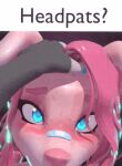 3d_(artwork) 3d_animation animated animated_gif anthro bandage blue_bandage blue_eyes blush canid canine chloe_(rysonanthrodog) claws digital_media_(artwork) duo english_text female finger_claws first_person_view fur hair headpat headpats? holding_head kaylafox loop low_res mammal meme offscreen_sex pink_body pink_fur pink_hair pink_nose short_playtime solo_focus suggestive text