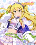  1girl ahoge belt blue_hairband breasts card_commentary commentary_request cowboy_shot crop_top game_asset green_belt green_eyes grin hair_ornament hairband hand_up headphones heart-shaped_lock hoshii_miki idolmaster idolmaster_(classic) idolmaster_million_live! idolmaster_million_live!_theater_days jacket long_hair long_sleeves looking_at_viewer midriff official_art pleated_skirt skirt smile solo standing star_(symbol) star_hair_ornament third-party_source twintails white_jacket 