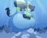 anthro belly_on_ground big_breasts big_butt bikini breasts butt clothing deerling dewott digestion digestion_noises digestion_sequence dive female generation_5_pokemon hazel_(the_hookaloof) hi_res looking_down nintendo pokemon pokemon_(species) rock same_size_vore shelly_(shellydadewwy) swimwear tail the_hookaloof two-piece_swimsuit underwater unseen_prey vore water