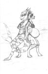 2020 anthro aquatic ball beach belly bikini bikini_top canid canine canis clothing crossed_arms dansharkman digitigrade dobermann domestic_dog duo english_description female fish hair hair_over_eye hi_res humanoid_hands jamie_(albinodragon) looking_at_viewer mammal medium_hair monochrome navel outie_navel pinscher pregnant pregnant_anthro pregnant_female rayne_(dansharkman) sea shark shark_tail standing striped_body stripes swimming_trunks swimwear traditional_media_(artwork) two-piece_swimsuit volleyball_(ball) water
