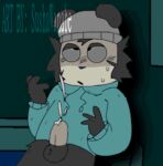 animal_humanoid anthro balls black_body black_fur blush bodily_fluids clothed clothing ejaculation eye_roll eyeshadow fur genitals grey_balls grey_body grey_eyes grey_fur hair half_naked haplorhine hat headgear headwear hoodie humanoid makeup male mammal mammal_humanoid max_design_pro messy_fur messy_hair mokriksel monkey monkey_humanoid penis primate primate_humanoid shaded simple_background simple_coloring simple_face simple_shading solo susha sweat toony topwear