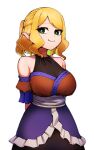  1girl arms_behind_back bare_shoulders blonde_hair breasts closed_mouth green_eyes highres large_breasts long_hair looking_at_viewer mizuhashi_parsee pointy_ears simple_background smile solo standing touhou white_background yokozuna_iwashi 