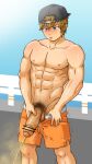 1boy abs absurdres aqua_eyes armpit_hair armpit_hair_peek backwards_hat bara baseball_cap biceps brown_hair censored clothes_pull collarbone commentary_request day feet_out_of_frame foreskin from_side glans half-erect hat highres knees large_penis male_focus male_pubic_hair muscular muscular_male navel nipples orange_shorts original parted_lips pectorals pee peeing penis pointless_censoring pubic_hair public_urination short_hair shorts shorts_pull solo stomach sweat testicles topless_male veins veiny_penis wabita 