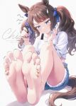  1girl animal_ears applying_pedicure barefoot blue_eyes blush breasts brown_hair chisamikan close-up closed_mouth commentary_request denim denim_shorts feet foot_focus foreshortening highres horse_ears horse_girl horse_tail knees_up legs long_hair medium_breasts midriff multicolored_nails nail_polish presenting_foot shirt shorts simple_background sitting soles solo tail tied_shirt toenail_polish toenails toes tosen_jordan_(casual)_(umamusume) tosen_jordan_(umamusume) twintails umamusume watermark white_shirt 
