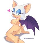 anthro anus back_wings bat bat_wings big_ears big_hands blue_eyeshadow breasts bubble_butt butt butt_focus eyeshadow female genitals green_eyes hair heart_symbol hi_res lipstick looking_at_viewer makeup mammal membrane_(anatomy) membranous_wings nipples nitroneato nude pink_lipstick pinup pointy_ears pose prick_ears purple_wings rouge_the_bat sega short_hair signature simple_background smile solo sonic_the_hedgehog_(series) tan_body tan_snout vulva white_background white_head wings