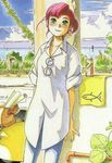  1girl \||/ against_pillar alternate_hair_color animal_print artistic_error ashinano_hitoshi backpack bag blush can canned_coffee cloud colorized day drink_can eyewear_hang faucet fish_print glasses green_eyes hair_ribbon hatsuseno_alpha ivy long_sleeves motor_vehicle ocean official_art outdoors oversized_clothes pink_hair ribbon scooter shirt sky sleeves_rolled_up solo third-party_edit tree untucked_shirt unworn_backpack unworn_bag unworn_eyewear yokohama_kaidashi_kikou 