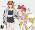  2girls :d a.i._voice absurdres adachi_rei android bike_shorts bikini black_shirt blush bow breasts cleavage collarbone commentary_request double-parted_bangs expressionless flat_color frilled_bikini frills grey_background grey_jacket hair_between_eyes hair_bow hair_ornament hair_ribbon hairclip halter_shirt halterneck headlamp height highres innertube jacket jacket_partially_removed joints kasane_teto korean_commentary korean_text midriff multiple_girls navel one_eye_closed ooo_oxe orange_eyes orange_hair photo-referenced pink_bikini radio_antenna red_eyes red_hair reference_inset ribbon robot_joints shirt simple_background sleeveless sleeveless_shirt smile striped_innertube swim_ring swimsuit synthesizer_v track_jacket utau white_bow white_ribbon 