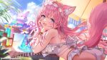  1girl animal_ears antenna_hair artist_request ass back bare_shoulders bikini blue_sky blush bracelet braid braided_bun breasts cloud cloudy_sky company_name copyright_notice crazy_straw crown_braid day drinking_straw fang fingernails flask flower hair_bun hairband hakui_koyori hakui_koyori_(a_glance_of_adventure) hands_on_own_cheeks hands_on_own_face heart_straw highres hololive hololive_dreams in-universe_location jewelry kokoro_(hakui_koyori) large_breasts long_hair looking_at_viewer looking_back median_furrow nail_polish non-web_source official_alternate_costume official_art open_mouth outdoors parasol pink_hair pink_nails pink_tail plant purple_eyes ribbon second-party_source shoulder_blades sky smile solo swimsuit test_tube umbrella virtual_youtuber white_bikini white_hairband white_ribbon wolf_ears wolf_girl yellow_flower 