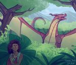 2021 absurd_res ambiguous_gender clothed clothing dragon european_mythology facial_horn feral forest group hi_res hiding_behind_object holding_another horn human kestrel_(wof) long_neck mammal membrane_(anatomy) membranous_wings mountain mythological_creature mythological_scalie mythology nose_horn nose_spike open_mouth open_wings plant scales scalie sharp_teeth sky sky_(wof) skywing_(wof) snout suntropikl teeth tongue tree trio western_dragon wings wings_of_fire wren_(wof)