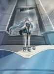  1girl ball_and_chain_restraint black_shoes black_vest blue_dress blue_eyes bound bound_wrists commentary_request cuffs dress execution female_tyrant_(stella_sora) full_body guillotine highres nanatsushi shackles shoes spoilers stella_sora thighhighs tyrant_(stella_sora) vest white_hair white_thighhighs 