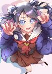  1girl absurdres black_hair blue_eyes brown_dress cardigan claw_pose colored_inner_hair commentary_request double_bun dress fangs flower foreshortening hair_bun hair_flower hair_ornament hasu_no_sora_school_uniform highres long_sleeves looking_at_viewer love_live! love_live!_hasu_no_sora_jogakuin_school_idol_club multicolored_hair neckerchief open_cardigan open_clothes pink_hair purple_cardigan red_neckerchief sailor_collar sailor_dress school_uniform shadow shinowa_mion shirane_nanimo solo teeth two-tone_hair two_side_up upper_teeth_only white_flower white_sailor_collar winter_uniform 