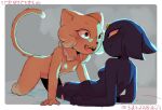 all_fours anthro black_eyes blue_body blue_fur blush border breasts duo eyelashes featureless_breasts felid feline female female/female floppy_ears forehead_gem fur gem goumang_(nine_sols) grey_background heng_(nine_sols) lop_ears lotusduckies mammal nine_sols nude open_mouth red_candle_games simple_background small_breasts smile solarian thick_thighs white_body white_border white_fur wide_hips