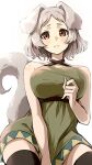  animal_ears bare_shoulders between_legs black_thighhighs breasts closed_mouth commentary criss-cross_halter dog_ears dog_girl dog_tail dress green_dress grey_hair halterneck hand_between_own_legs highres large_breasts mushoku_tensei orange_eyes seriro00112 short_hair simple_background sitting sleeveless sleeveless_dress tail tersena_adoldia thighhighs white_background zettai_ryouiki 