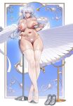  1girl absurdres bikini blush breasts censored chair closed_mouth cup feet full_body grey_hair high_heels highres holding holding_cup large_breasts long_hair looking_at_viewer mole mole_under_mouth mosaic_censoring nipples on_chair pointy_ears purple_eyes shell shell_bikini shoes smile solo sweat swimsuit teacup thick_thighs thighhighs thighs unworn_shoes velina_airgid white_thighhighs wow+ zenless_zone_zero 