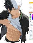  1boy a_ohkami abs art_program_in_frame black_hair black_jacket black_pants clothes_lift furin_high_school_uniform heterochromia jacket lifting_own_clothes long_sleeves male_focus multicolored_hair muscular muscular_male open_clothes open_jacket pants sakura_haruka_(wind_breaker) school_uniform shirt shirt_lift short_hair solo split-color_hair split_mouth sweatdrop upper_body white_background white_hair white_shirt wind_breaker_(nii_satoru) 
