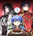  3boys ? alt_text alternate_universe armor bandana black_armor black_hair blue_armor blue_eyes blue_hair boned_meat commentary confused eating english_commentary fire_emblem fire_emblem:_path_of_radiance food green_bandana highres ike_(fire_emblem) male_focus meat multiple_boys plate red_armor short_hair soren_(fire_emblem) speech_bubble table tellius_forever zelgius_(fire_emblem) 