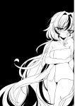  1girl absurdres against_wall black_background blush breasts chadraws_art cleavage collarbone commentary english_commentary greyscale hair_between_eyes hair_intakes highres long_hair monochrome multicolored_hair naked_towel phase_connect rinkou_ashelia solo streaked_hair sweat towel very_long_hair virtual_youtuber 