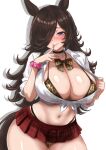  1girl absurdres alternate_breast_size_(larger) amesuku_gyaru animal_ears animal_print bikini blush breasts brown_hair commentary_request gyaru hair_between_eyes highres horse_ears horse_girl horse_tail kogal large_breasts leopard_print long_hair looking_at_viewer miniskirt naughty_face necktie out_of_character plaid_clothes plaid_skirt pleated_skirt pocotas purple_eyes red_necktie red_skirt rice_shower_(umamusume) shirt simple_background skirt smile solo swimsuit tail thighs tied_shirt umamusume white_background white_shirt yellow_bikini 