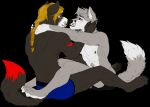 anniversary anthro arm_tattoo athletic belly_tattoo braided_hair braided_ponytail brian_hart canid canine canis clothing cuddling duo gogowolf hair male male/male mammal nuzzling pawpads ponytail tattoo underwear unknown_artist wolf