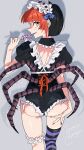  1girl absurdres arthropod_girl arthropod_limbs artist_name ass black_thighhighs blue_bow blush_stickers bow candy colored_tongue commentary_request earrings extra_legs fang food from_behind highres holding holding_candy holding_food holding_lollipop jewelry licking_lollipop lollipop looking_at_viewer looking_back maid maid_headdress orange_eyes orange_hair original purple_thighhighs purple_tongue red_nails shorts sign single_thighhigh solo spider_girl striped_clothes striped_thighhighs stud_earrings thighhighs tongue tongue_out torn_clothes torn_shorts unconventional_maid underbutt watermark white_background zetsuyo_chimayo 